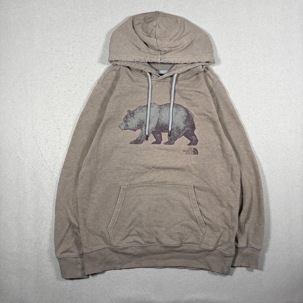 The North Face Bear Graphic Hoodie Mens M Taupe Grey Pullover Sweatshirt